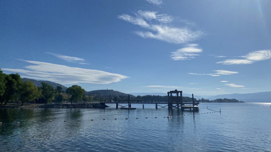 gellatly bay in west kelowna, showing Okanagan lake with a doc in the water