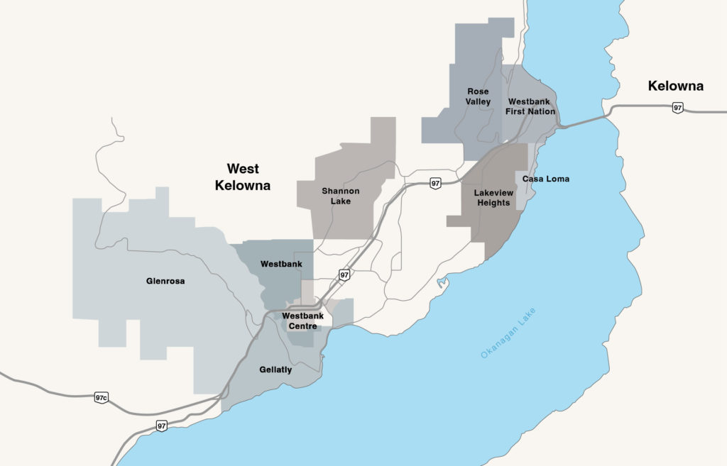 an infographic of the neighbourhoods of west kelowna, showing in relation to Okanagan lake and highway 97 including the bridge over to Kelowna